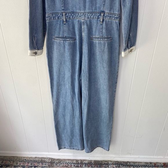 Polagram Denim Jumsuit Light Wash V-neck Collared Corduroy Sz L Straight Leg - Picture 10 of 16